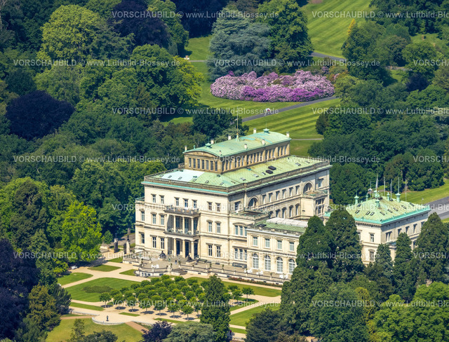 Essen220502614 | Luftbild, Villa Hügel und Rhododendronblüte im Park, ehemaliges Wohnhaus und Repräsentationshaus der Industriellenfamilie Krupp, Essen-Bredeney, Essen, Ruhrgebiet, Nordrhein-Westfalen, Deutschland