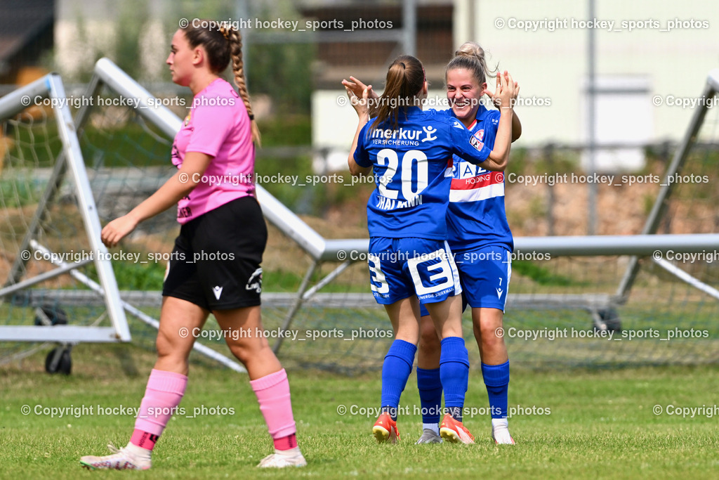 Carinthians Hornets vs. GAK 1902 Frauen | #10 Elisa Ciccarelli Carinthians Hornets, #20 Lena Thalmann GAK, #7 Vanessa Kraker GAK, Jubel GAK, Carinthians Hornets vs. GAK 1902 Frauen, Carinthians Hornets vs. GAK 1902 Frauen am 01.09.2024 in Sachsenburg (Sportplatz Sachsenburg), Austria, (Photo by Bernd Stefan)