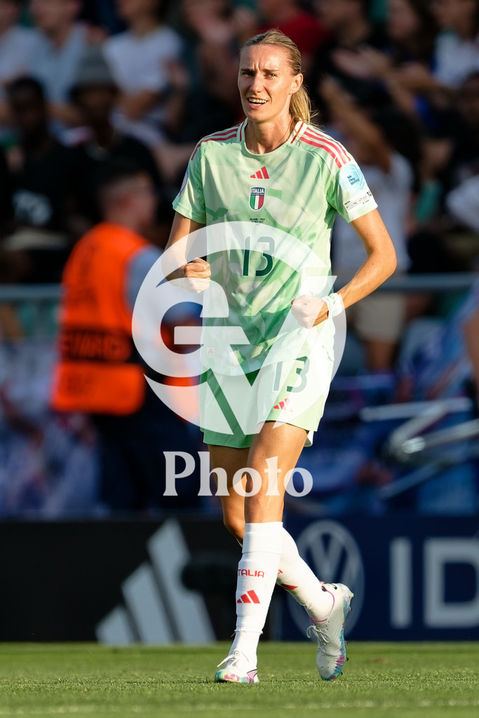 Belgium v Italy - UEFA Women's EURO 2025 Group B | SION, SWITZERLAND - JULY 3: Julie Piga  of Italy celebrates after winning   during the UEFA Womens EURO 2025 Group B match between Belgium and Italy at Stade de Tourbillon on July 3, 2025 in Sion, Switzerland. (Photo by Giuseppe Velletri/Sports Press Photo/Getty Images)