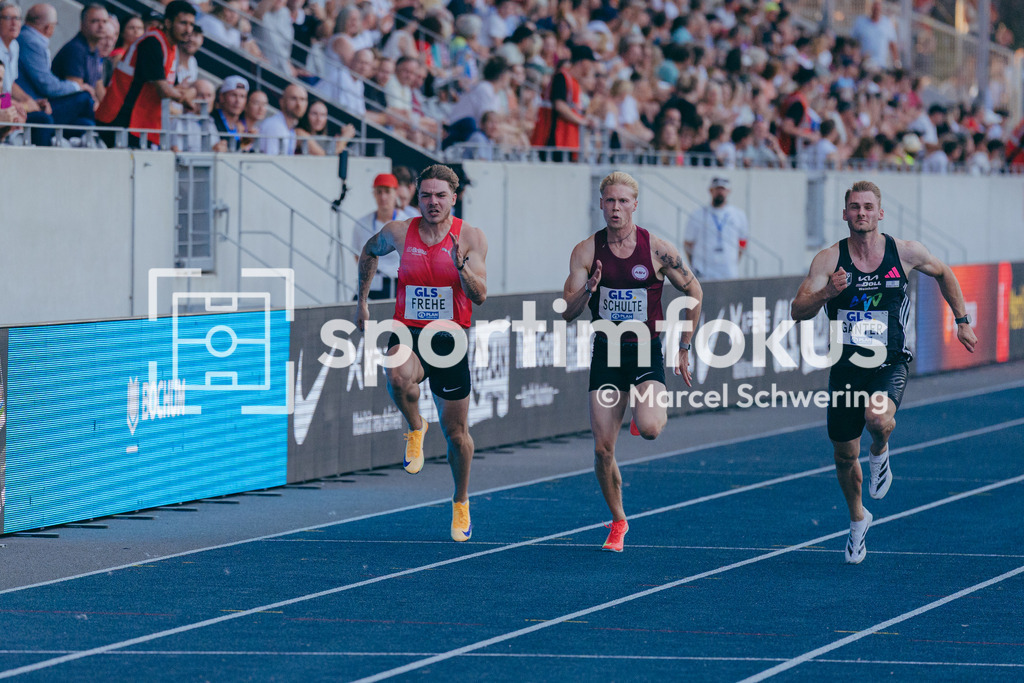 Deutsche Meisterschaften der Frauen und Männer 2026 | Jan Eric Frehe, LG Brillux Münster, Marvin Schulte, ASV Köln e. V., Robin Ganter, MTG Mannheim, 100-Meter-Lauf, Finale, Deutsche Meisterschaften der Frauen und Männer 2026, Lohrheidestadion Bochum-Wattenscheid, 25.07.2026. Foto: Marcel Schwering / sportimfokus - Realisiert mit Pictrs.com