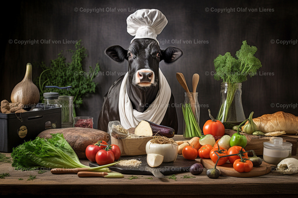 Kuh als Koch in der Küche | Rind kocht vegetarische Gerichte
