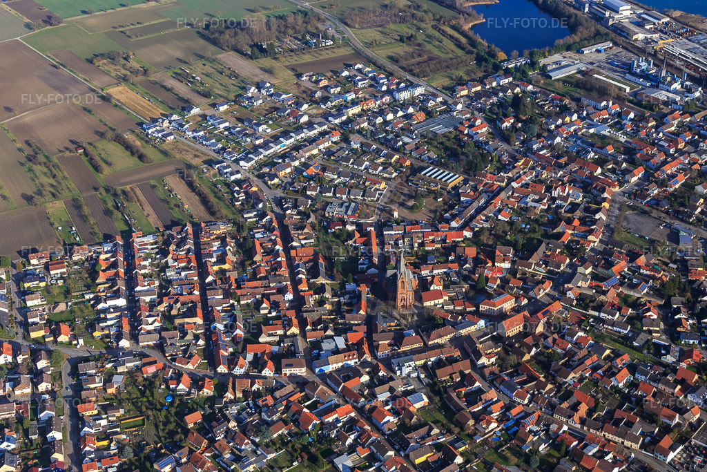 Luftbild: Dorfübersicht aus Südosten im Ortsteil Rheinsheim in Philippsburg im Bundesland Baden-Württemberg in Deutschland. Foto: IMG_104769.jpg vom 16.02.2018 durch Werner Riehm/FLY-FOTO.de