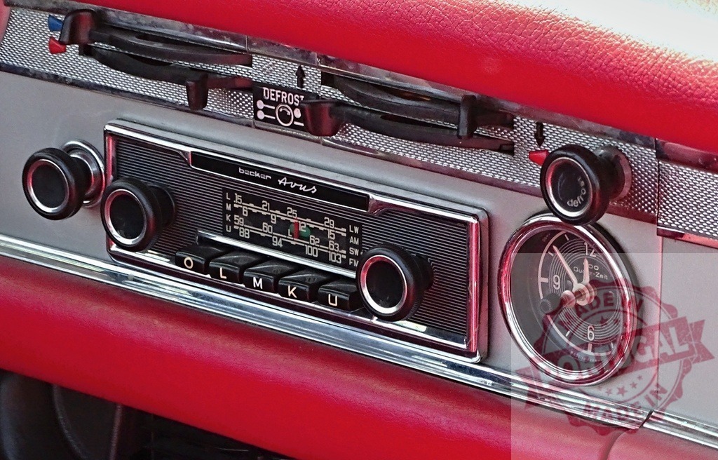 Becker Avus radio in vintage Mercedes-Benz dashboard | Vintage Becker Avus radio and clock integrated into a classic Mercedes-Benz car dashboard - Realized with Pictrs.com