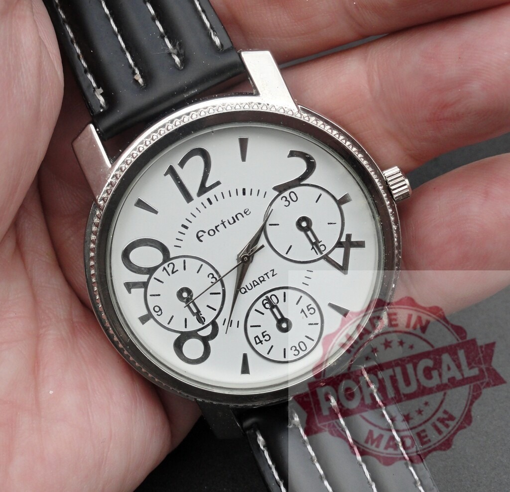Hand holding Fortune quartz wrist watch with leather strap | Hand holding a Fortune branded quartz wrist watch with a white dial and black leather strap - Realized with Pictrs.com