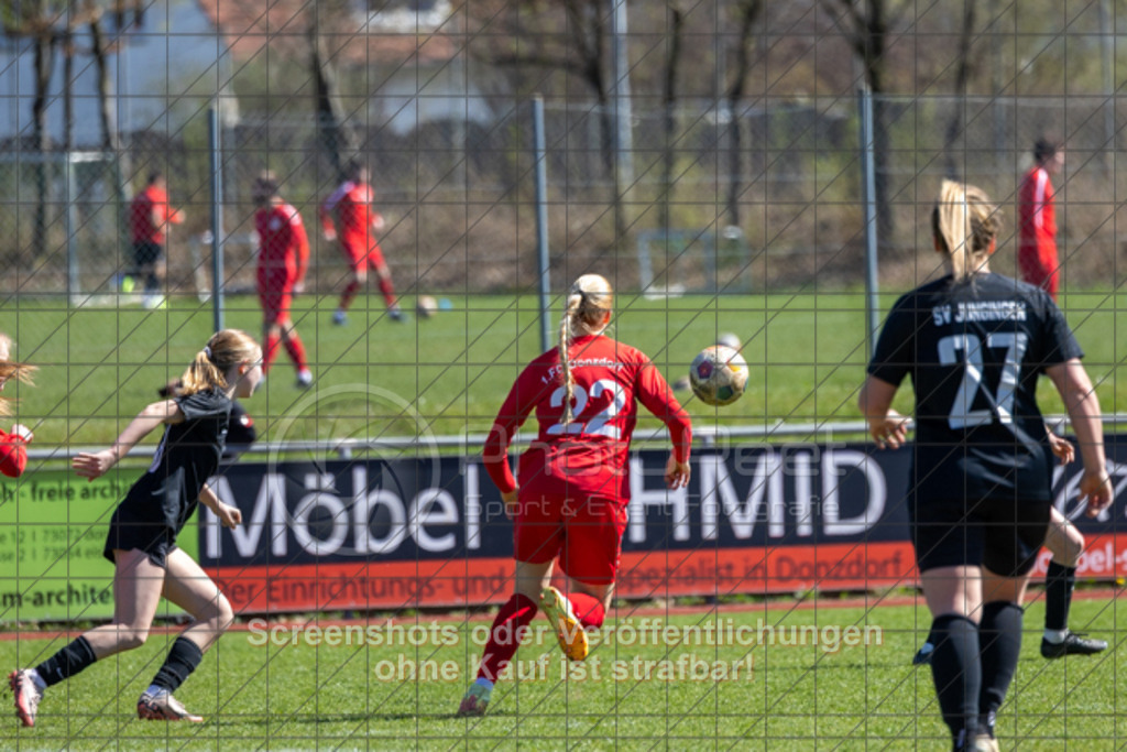20250406_142547_0275 | #,1.FC Donzdorf (rot) vs. SV Jungingen (schwarz), Fussball, Frauen-Verbandsliga Württemberg, 16. Spieltag, Saison 2024/2025, Rasenplatz Lautertal Stadion, Süßener Straße 16, 73072 Donzdorf, 06.04.2025 - 13:00 Uhr,Foto: PhotoPeet-Sportfotografie/Peter Harich