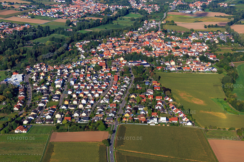 Luftbild: Rohrbacher Straße von Osten im Ortsteil Billigheim in Billigheim-Ingenheim im Bundesland Rheinland-Pfalz in Deutschland. Foto: IMG_103444.jpg vom 10.09.2017 durch Werner Riehm/FLY-FOTO.de