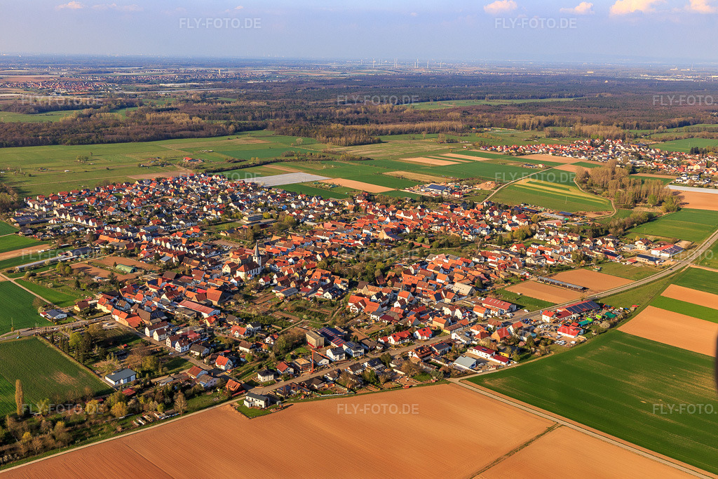 Luftbild: Ortsansicht von Süden in Ottersheim bei Landau im Bundesland Rheinland-Pfalz in Deutschland. Foto: IMG_126435.jpg vom 20.04.2021 durch Werner Riehm/FLY-FOTO.de