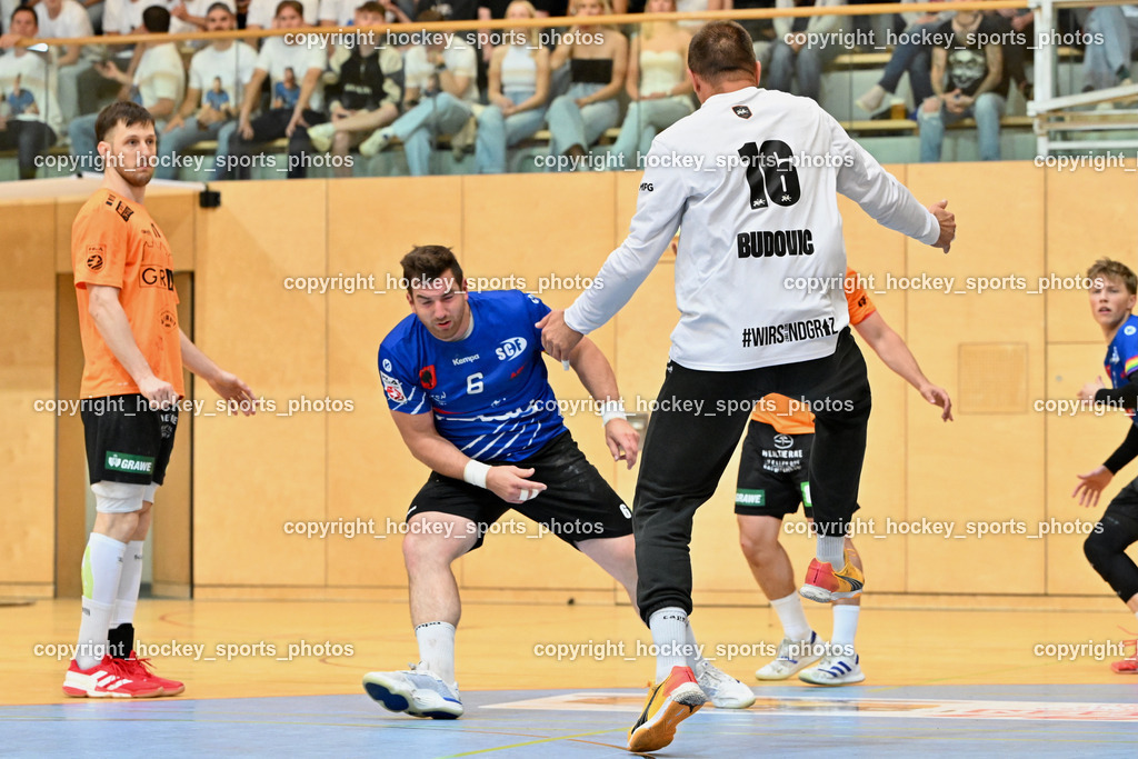 SC Ferlach vs. HSG Holding Graz | #11 ALBEK Joszef HSG Graz, #6 Nosan Blaz SC Ferlach, #16 BUDOVIC Jovo HSG Graz, SC Ferlach vs. HSG Holding Graz, SC Ferlach vs. HSG Holding Graz am 24.05.2025 in Ferlach (Ballspielhalle Ferlach), Austria, (Photo by Bernd Stefan)