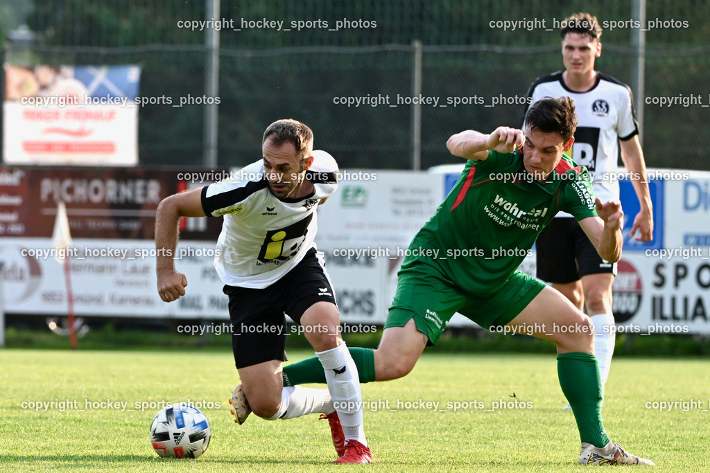 FC Gmünd vs. SV Spittal 1921 | #40 Anton Peric SV Spittal, #19 Nico Payer FC Gmünd, FC Gmünd vs. SV Spittal 1921, FC Gmünd vs. SV Spittal 1921 am 27.08.2024 in Gmünd (Sportplatz Karnerau), Austria, (Photo by Bernd Stefan)