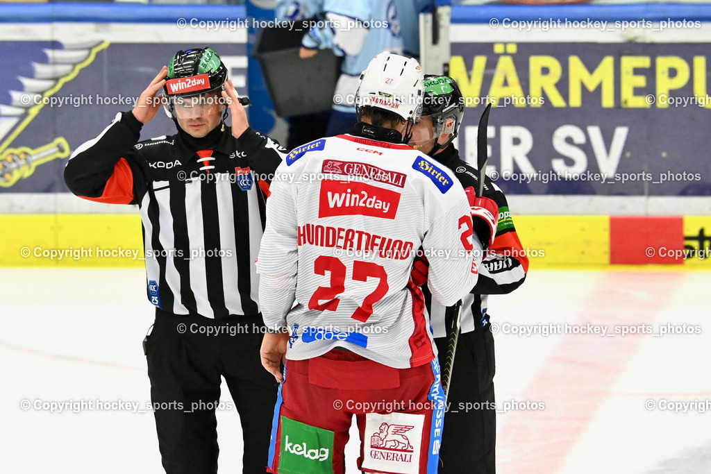 EC IDM Wärmepumpen VSV vs. EC KAC  | ZRNIC MILAN Referee, #27 Hundertpfund Thomas EC KAC, PIRAGIC TRPIMIR Referee, EC IDM Wärmepumpen VSV vs. EC KAC , EC IDM Wärmepumpen VSV vs. EC KAC  am 27.10.2024 in Villach (Stadthalle Villach), Austria, (Photo by Bernd Stefan)