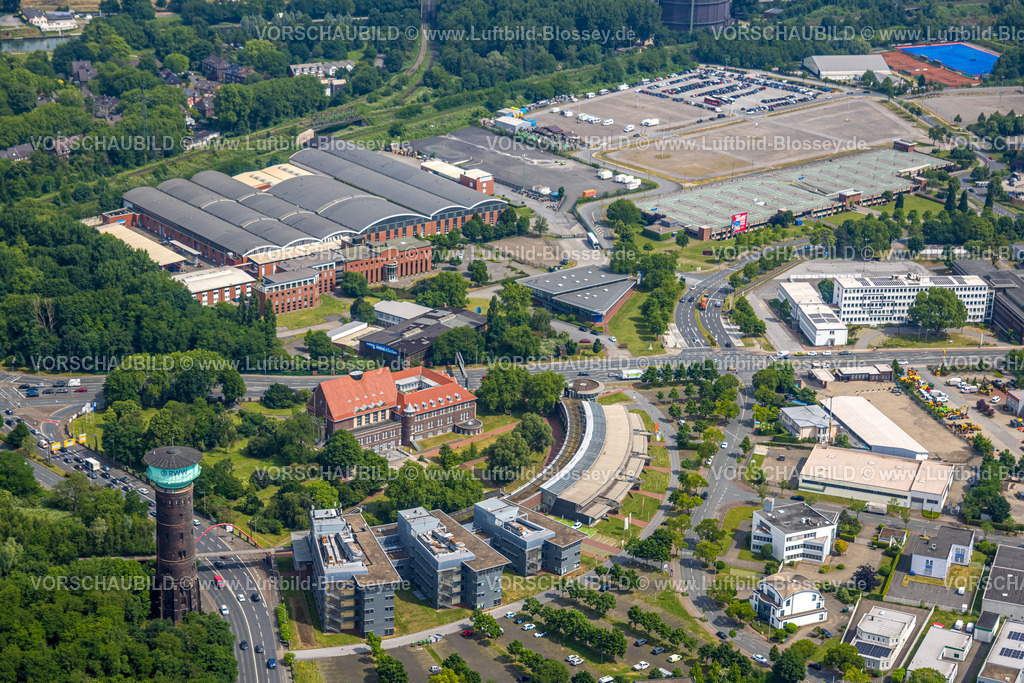 Oberhausen250515376 | Luftbild, DB Schenker Logistikdienst und TZU Technologiezentrum, unten RWW Wasserturm - Historische Sehenswürdigkeit, Oberhausen, Ruhrgebiet, Nordrhein-Westfalen, Deutschland