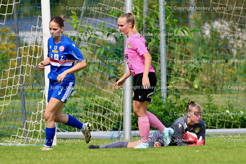 Carinthians Hornets vs. GAK 1902 Frauen | #8 Marie Haiden GAK, #29 Selina Tamara Selinger Carinthians Hornets, #1 Anja Meier Carinthians Hornets, Carinthians Hornets vs. GAK 1902 Frauen, Carinthians Hornets vs. GAK 1902 Frauen am 01.09.2024 in Sachsenburg (Sportplatz Sachsenburg), Austria, (Photo by Bernd Stefan)