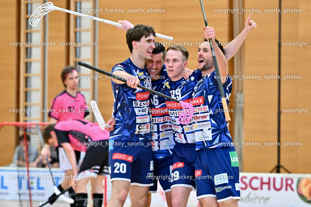 VSV Unihockey vs. Wiener Floorball Verein | Jubel VSV Unihockey Mannschaft, #29 Anze Brajic VSV Unihockey, #6 Timo Schmid VSV Unihockey, #5 Michael Kanduth VSV Unihockey, #20 David Gredler VSV Unihockey, VSV Unihockey vs. Wiener Floorball Verein, VSV Unihockey vs. Wiener Floorball Verein am 18.05.2025 in Villach (Ballspielhalle St. Martin), Austria, (Photo by Bernd Stefan)
