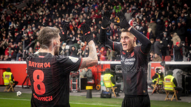 Bayer 04 Leverkusen vs. FC St. Pauli, 03.02.2026 | LEVERKUSEN, GERMANY - FEBRUARY 3: Patrick Schick (Bayer 04 Leverkusen, 14) celebrates scoring his team's second goal with teammate Robert Andrich (Bayer 04 Leverkusen, 8) during the DFB Cup quarter-final match Bayer 04 Leverkusen vs. FC St. Pauli at BayArena on February 3, 2026 in Leverkusen, Germany. (Photo by Axel Kohring/Beautiful Sports Int.)DFL REGULATIONS PROHIBIT ANY USE OF PHOTOGRAPHS AS IMAGE SEQUENCES AND/OR QUASI-VIDEO.