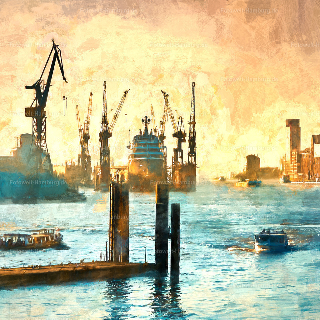 10221208 - Hafengemälde | Impression aus dem Hamburger Hafen im Mixed Media Stil. Fotografie und digitale Nachbearbeitung im Gemälde-Look verschmelzen zu einer Einheit und erzeugen einen ganz besonders verträumten Bildeindruck.
