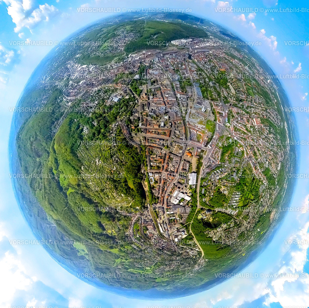 Hagen230520047Zentrum | Luftbild, Zentrum mit Einkaufszentrum, Friedrich-Ebert-Platz, Volme Galerie und Rathaus Galerie, Erdkugel, Fisheye Aufnahme, Fischaugen Aufnahme, 360 Grad Aufnahme, Mittelstadt, Hagen, Sauerland, Nordrhein-Westfalen, Deutschland