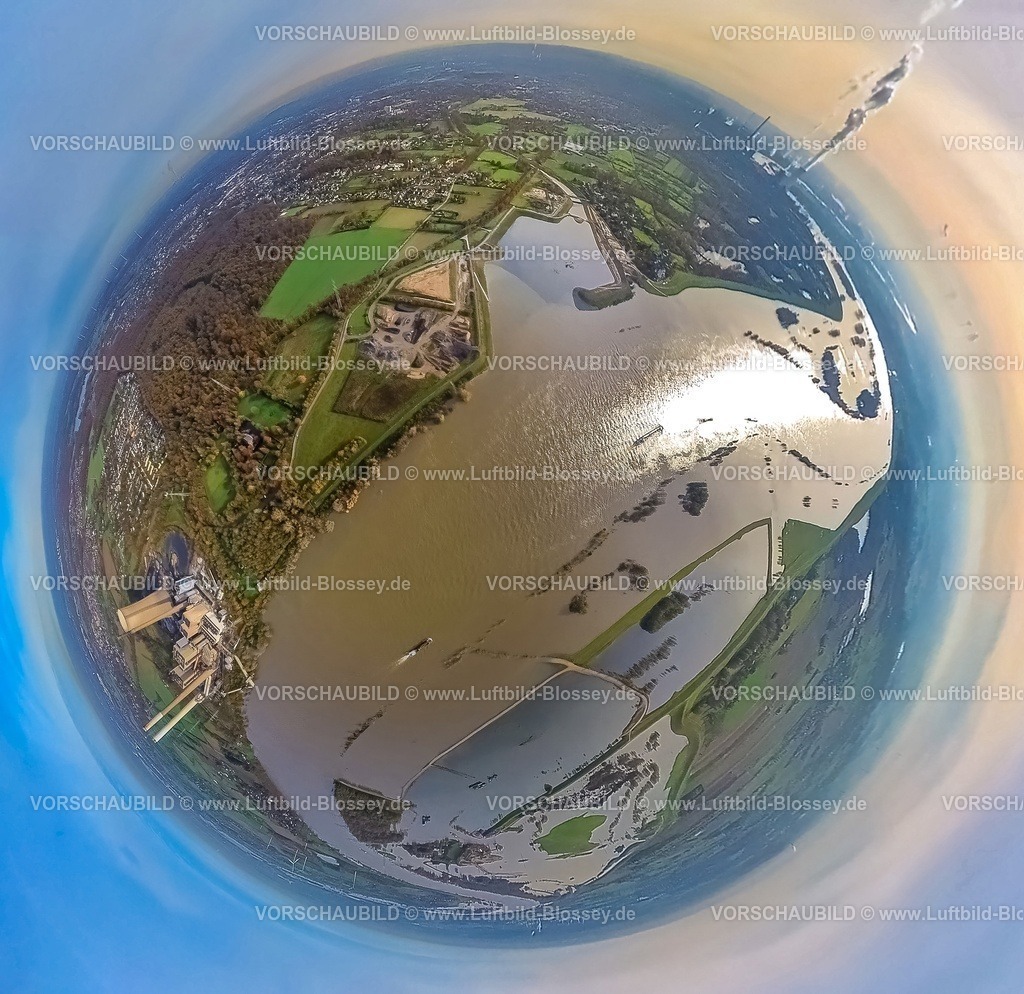 Dinslaken231190296EmschermuendungRhein | Luftbild, Hochwasser am Naturschutzgebiet Hasenfeld und Rheinvorland, gegenüber der neuen Emschermündung in den Rhein., umgeben von herbstlichen Laubbäumen, Erdkugel, Fisheye Aufnahme, Fischaugen Aufnahme, 360 Grad Aufnahme, tiny world, little planet, fisheye Bild, Möllen, Voerde, Ruhrgebiet, Nordrhein-Westfalen, Deutschland