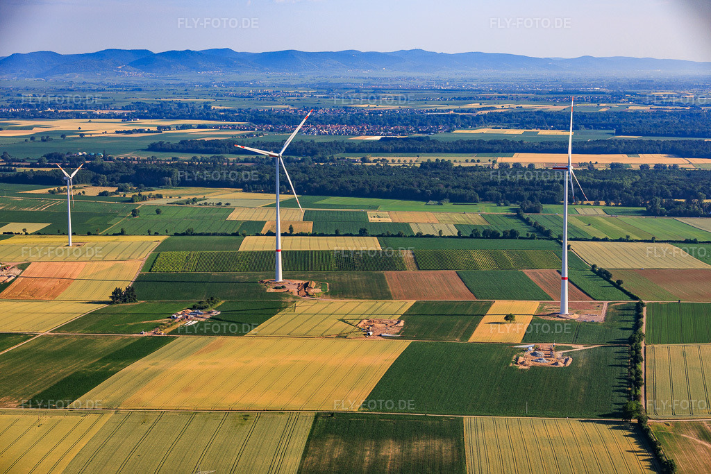 Luftbild: Abriss und Zerlegen der vier Altanlagen (GE 1.5) aus 2004 nach Repowering des Windpark Minfeld. in Minfeld im Bundesland Rheinland-Pfalz in Deutschland. – Foto: IMG_157690.jpg vom 19.06.2026 durch Werner Riehm/FLY-FOTO.de – Auflösung des Originals: 6000 x 4000 px – JUWI Windparks - JUWI