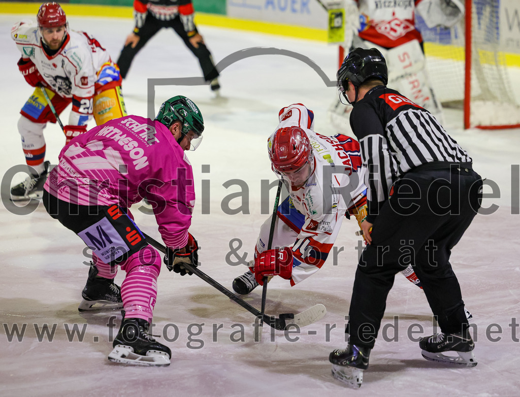 2025-10-24_141_TSV_Erding_gegen_Deggendorfer_SC | Erding, Deutschland, 24.10.2025:Eishockey, Oberliga Süd 2025 / 2026, 11. Spieltag, TSV Erding gegen Deggendorfer SC, Endergebnis: 2:4Thomas Matheson (Erding Gladiators, #37), Ty Jackson (Deggendorfer SC, #14)Foto: Christian Riedel / fotografie-riedel.net