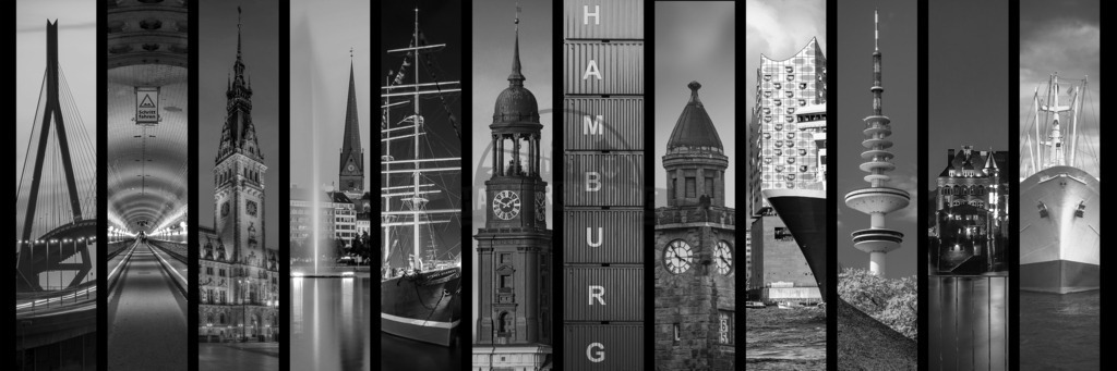 Hamburg collage 13.0 120x40 Graustufen | Exklusive Hamburg collagen, tolle Segelbilder und viele weitere tolle Motive auf Leinwand, Poster, Alu-Dibond, u.v.m. findet Ihr bei uns auf hamburgbild.de. Findet Euer Wandbild für Euer Zuhause, Büro oder die  Praxis…. - Realisiert mit Pictrs.com