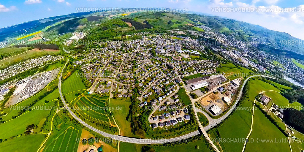 Olsberg240590421B480Olsberg-Mitte | Luftbild, Wohngebiet Ortsansicht mit Elisabeth-Klinik Bigge und Bogen der  Bundesstraße B480, Werksgelände Körling Interiors GmbH & Co. KG, Erdkugel, Fisheye Aufnahme, Fischaugen Aufnahme, 360 Grad Aufnahme, tiny world, little planet, fisheye Bild, Bigge, Olsberg, Sauerland, Nordrhein-Westfalen, Deutschland