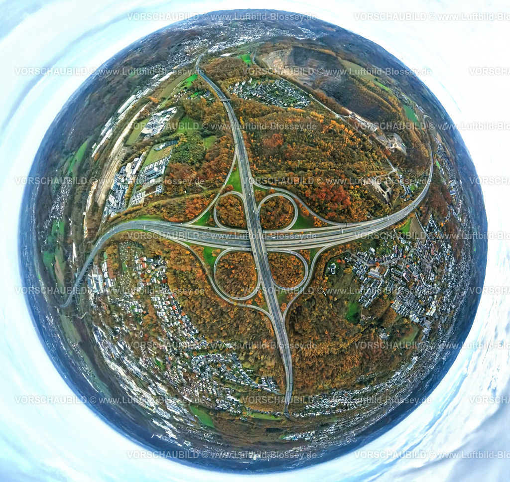 Hagen251101602fish-eye(1) | Luftbild, Autobahnkreuz Hagen, Autobahn A45 und Autobahn A46, Bäume in Herbstfarben, Erdkugel, Fisheye Aufnahme, Fischaugen Aufnahme, 360 Grad Aufnahme, tiny world, little planet, fisheye Bild, Lennetal, Hagen, Ruhrgebiet, Nordrhein-Westfalen, Deutschland