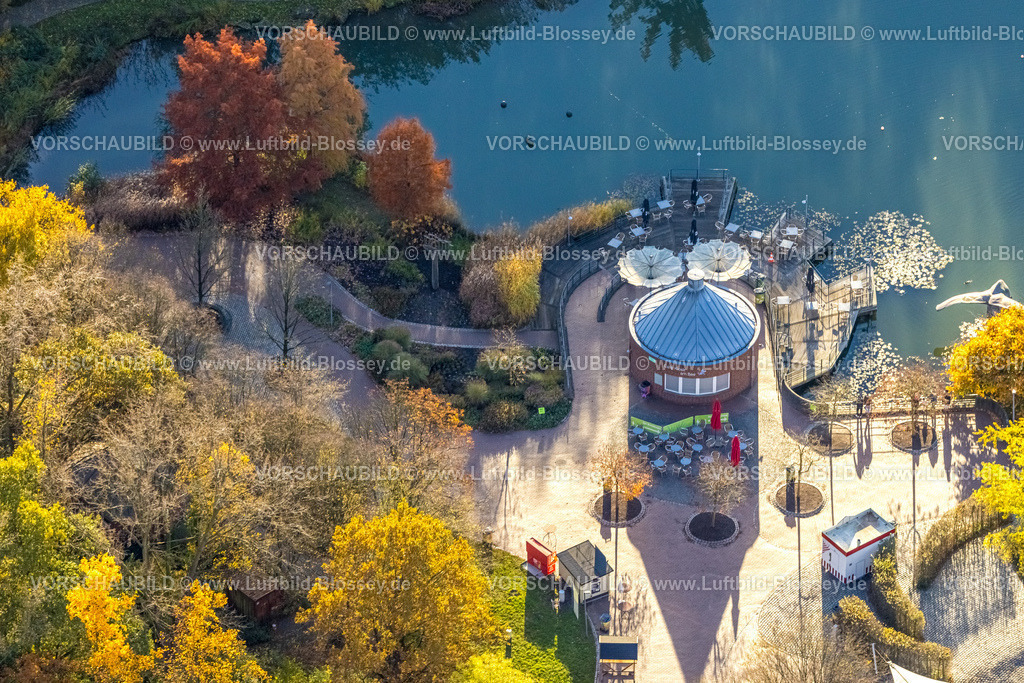 Hamm231101767 | Luftbild, Seekiosk und See im Maximilianpark, umgeben von herbstlichen Laubbäumen, Uentrop, Hamm, Ruhrgebiet, Nordrhein-Westfalen, Deutschland
