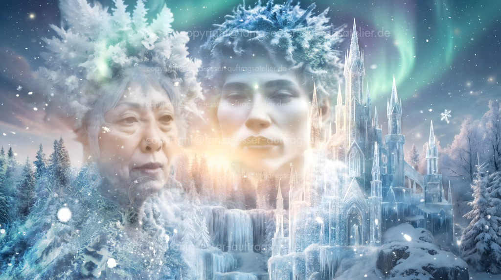 Märchenhafte Szene mit Eispalast und Eisgeistern in Winterlandschaft | Mystische Winterlandschaft mit filigranem Eisschloss, Polarlichtern und ätherischen Eisgeistern in einer verschneiten Waldkulisse. Die Gestalten sind ruhig und kühl mit herrschender Ausstrahlung. Auf Grundlage generativer KI.
