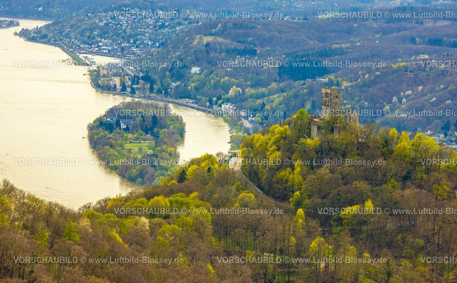 Koenigswinter220403716Drachenfels | Luftbild, Drachenfels, mittelalterliche Burgruine mit Blick auf das Rheintal und die Insel Nonnenwerth, Drachenfelsbahn, Königswinter, Rheinland, Nordrhein-Westfalen, Deutschland