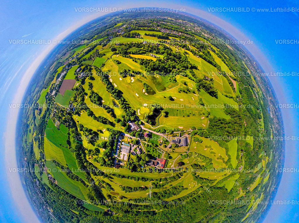 Essen250590070GolfplatzHeidhausen | Luftbild, Golfplatz Golfclub Essen-Heidhausen, Waldgebiet Langenhorster Wald mit Wiesen und Feldern, Erdkugel, Fisheye Aufnahme, Fischaugen Aufnahme, 360 Grad Aufnahme, tiny world, little planet, fisheye Bild, Heidhausen, Essen, Ruhrgebiet, Nordrhein-Westfalen, Deutschland