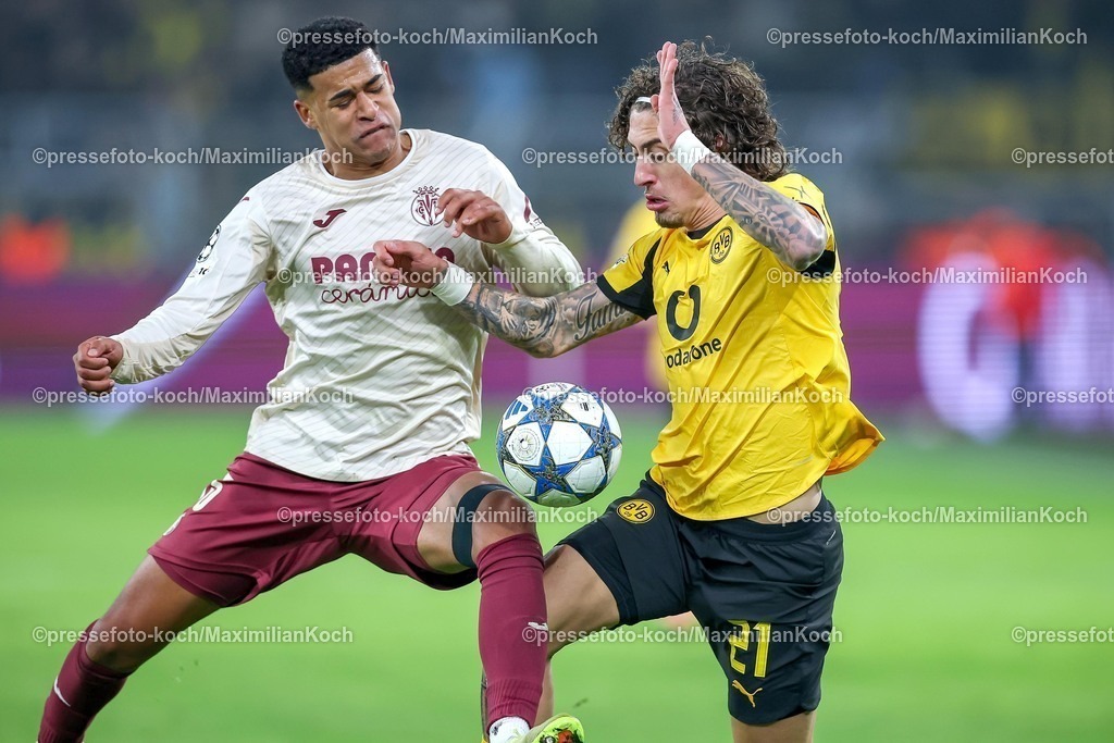 UCL25112501102 | 25.11.2025, Fußball, UEFA Champions League, Borussia Dortmund - FC Villarreal, BVB Stadion, 5. Spieltag, Saison 2025 2026: Santiago Mourino (FC Villarreal #15) im Zweikampf gegen  Fabio Silva (BVB #21)  Regulations prohibit any use of photographs as image sequences and or quasi-video.