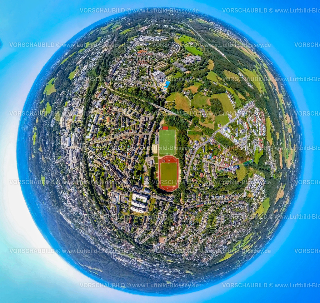 Gevelsberg240890823StadionStefansbachtal | Luftbild,  Fußballstadion und Leichtathletikstadion Stefansbachtal mit Nebenplatz, Stefansbach Viadukt, Schwimm in Gevelsberg Freibad, Erdkugel, Fisheye Aufnahme, Fischaugen Aufnahme, 360 Grad Aufnahme, tiny world, little planet, fisheye Bild, Klostermark, Gevelsberg, Ruhrgebiet, Nordrhein-Westfalen, Deutschland