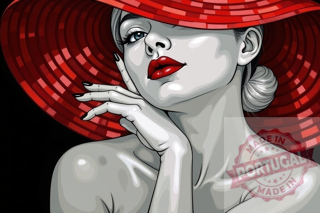 Woman wearing red hat and red lipstick illustration | Woman fashion portrait in pop art style with red hat and red lips on black background - Realized with Pictrs.com