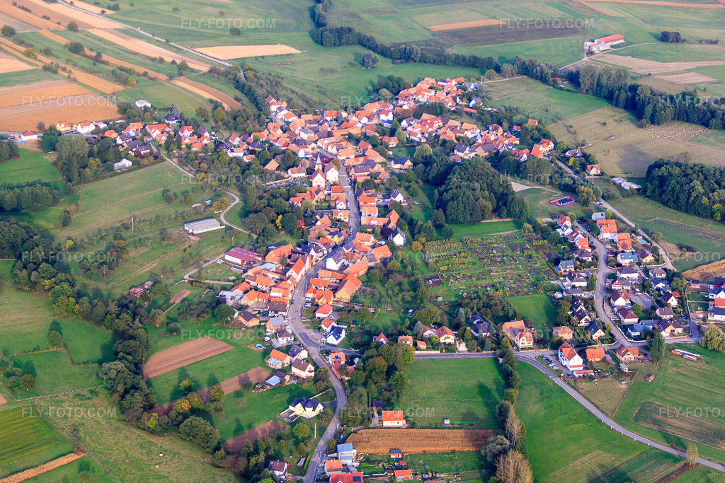 Aerial view: View of the town from the west in Gundershoffen in the state Bas-Rhin, France.Photo: IMG_53639.jpg taken on 09/30/2012 by Werner Riehm/FLY-FOTO.comResolution of the original: 4752 x 3168 px