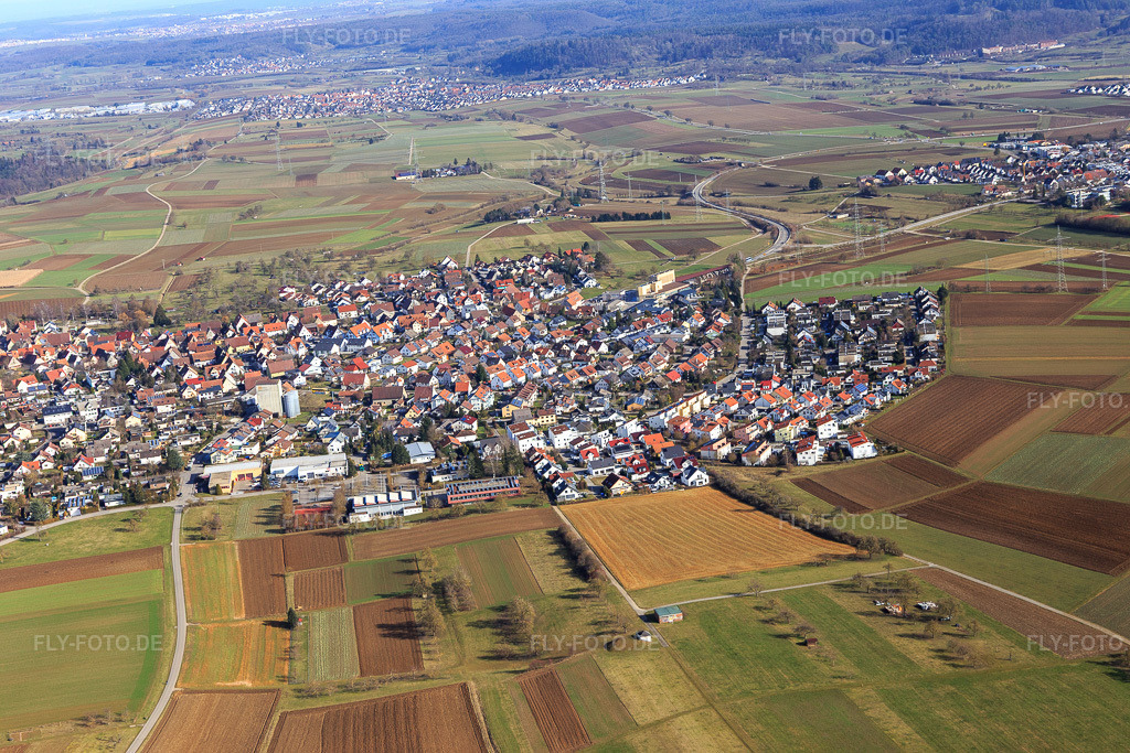 Luftbild: Ortsansicht von Westen im Ortsteil Oberjesingen in Herrenberg im Bundesland Baden-Württemberg in Deutschland. Foto: IMG_125251.jpg vom 20.02.2021 durch Werner Riehm/FLY-FOTO.de
