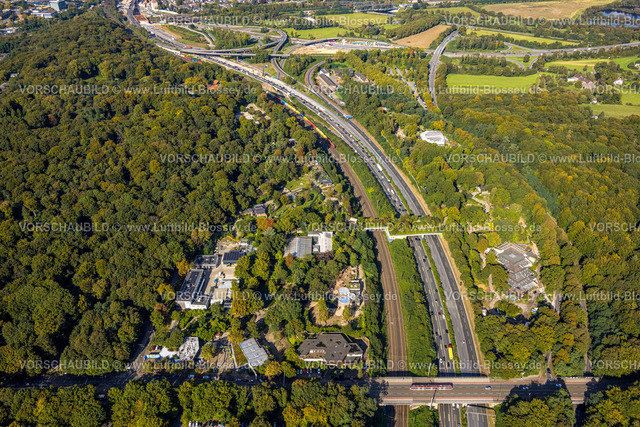 Duisburg241004634 | Luftbild, Zoo Duisburg im Waldgebiet Kaiserberg, Fußgängerbrücke und Grünbrücke über die Autobahn A3, hinten das Autobahnkreuz Kaiserberg, Duissern, Duisburg, Ruhrgebiet, Nordrhein-Westfalen, Deutschland