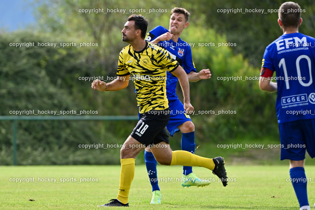 FC Faakersee vs. Union Matrei | #18 Andreas Unterguggenberger FC Faakersee, #16 Hannes Wibmer Matrei, #10 Jonathan Panzl Matrei, FC Faakersee vs. Union Matrei, FC Faakersee vs. Union Matrei am 18.08.2024 in Finkenstein (Sportplatz Faakersee), Austria, (Photo by Bernd Stefan)