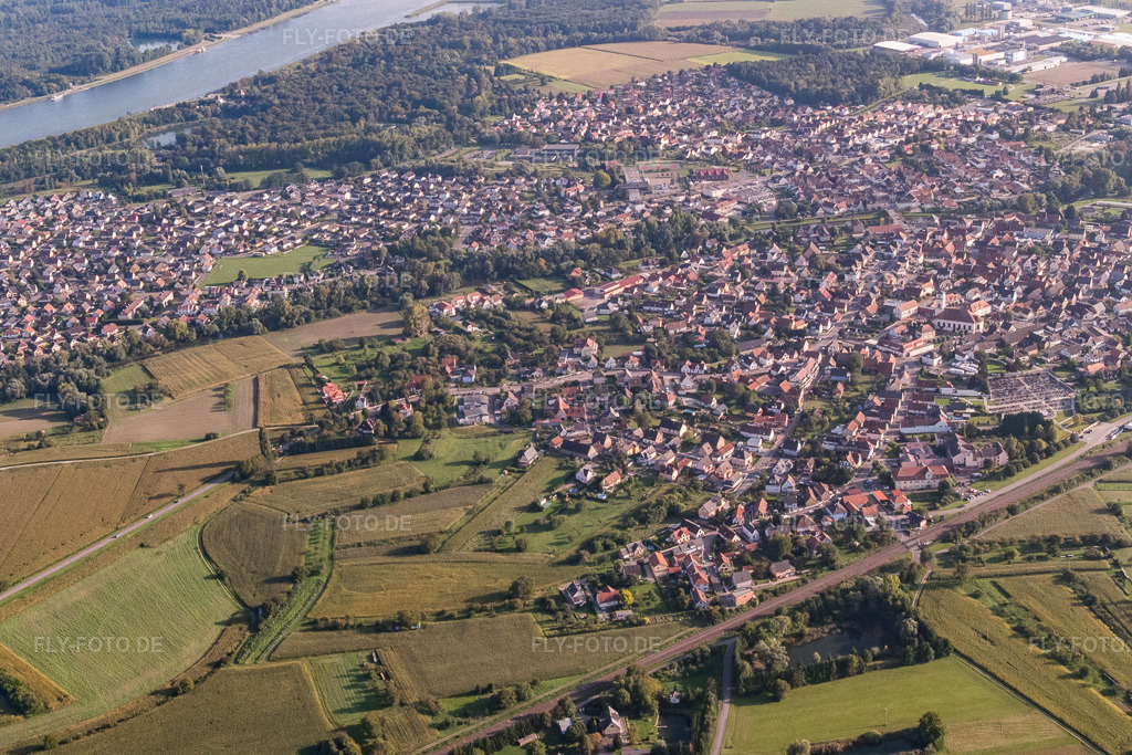 Luftbild: Ortsansicht von Norden in Drusenheim im Bundesland Bas-Rhin in Frankreich. – Foto: P1000940.jpg vom 15.09.2014 durch Werner Riehm/FLY-FOTO.de – Auflösung des Originals: 5472 x 3648 px