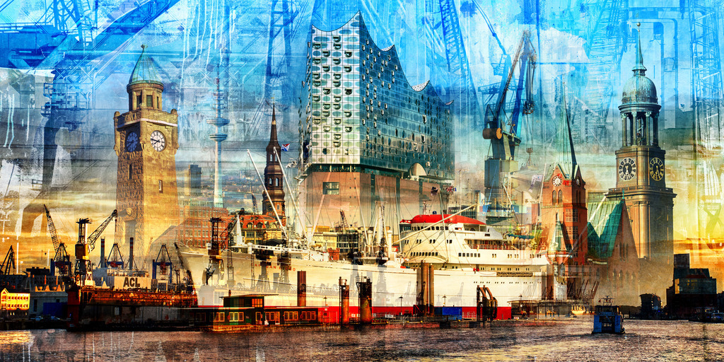 10260601 - Hamburg Collage 071 | Moderne abstrakte Hamburg Collage im Pop Art Stil. Jetzt über "Bestellen" als Wandbild konfigurieren.