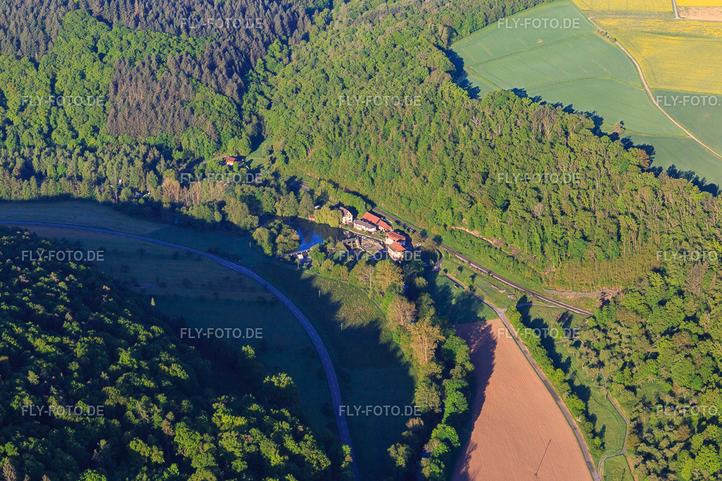 Teilbacher Mühle an der Tauber | Luftbild: Teilbacher Mühle an der Tauber im Ortsteil Waldenhausen in Wertheim im Bundesland Baden-Württemberg in Deutschland. Foto: IMG_146671.jpg vom 11.05.2025 durch ©2025 Werner Riehm fly-foto.de/copyright - Realisiert mit Pictrs.com