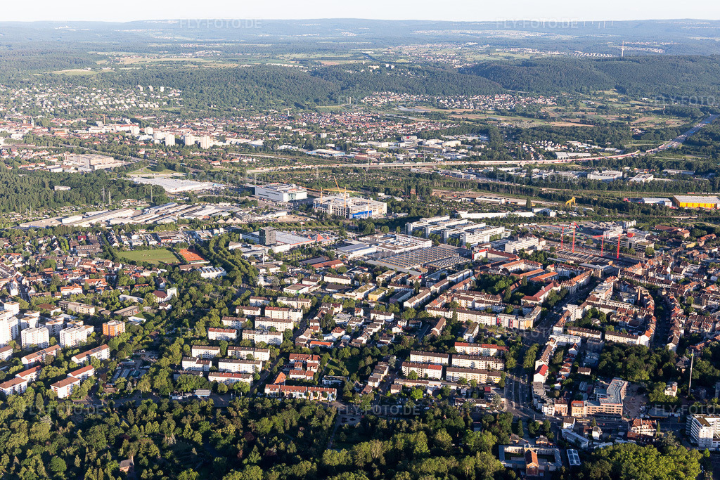 Luftbild: Ortsansicht im Ortsteil Rintheim in Karlsruhe im Bundesland Baden-Württemberg in Deutschland. Foto: IMG_115184.jpg vom 13.06.2019 durch Werner Riehm/FLY-FOTO.de
