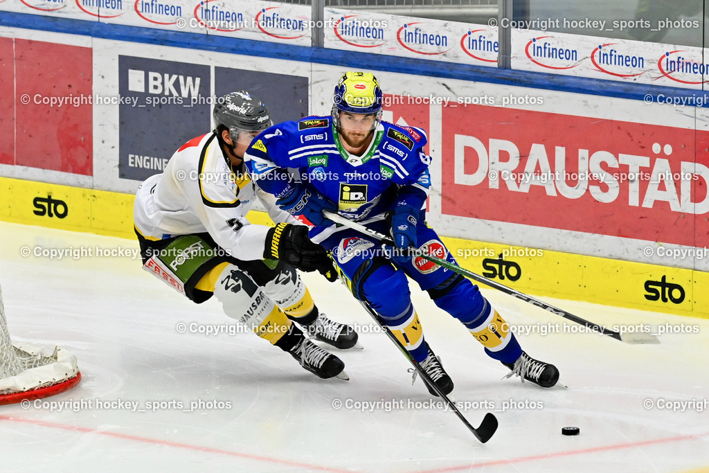 EC IDM Wärmepumpen VSV vs. HC Pustertal 8.10.2023 | #5 MESSNER Joel HC Pustertal, #8 REBERNIG Maximilian EC VSV,  EC IDM Wärmepumpen VSV vs. HC Pustertal 8.10.2023, EC IDM Wärmepumpen VSV vs. HC Pustertal am 08.10.2023 in Villach (Stadthalle Villach), Austria, (Photo by Bernd Stefan)