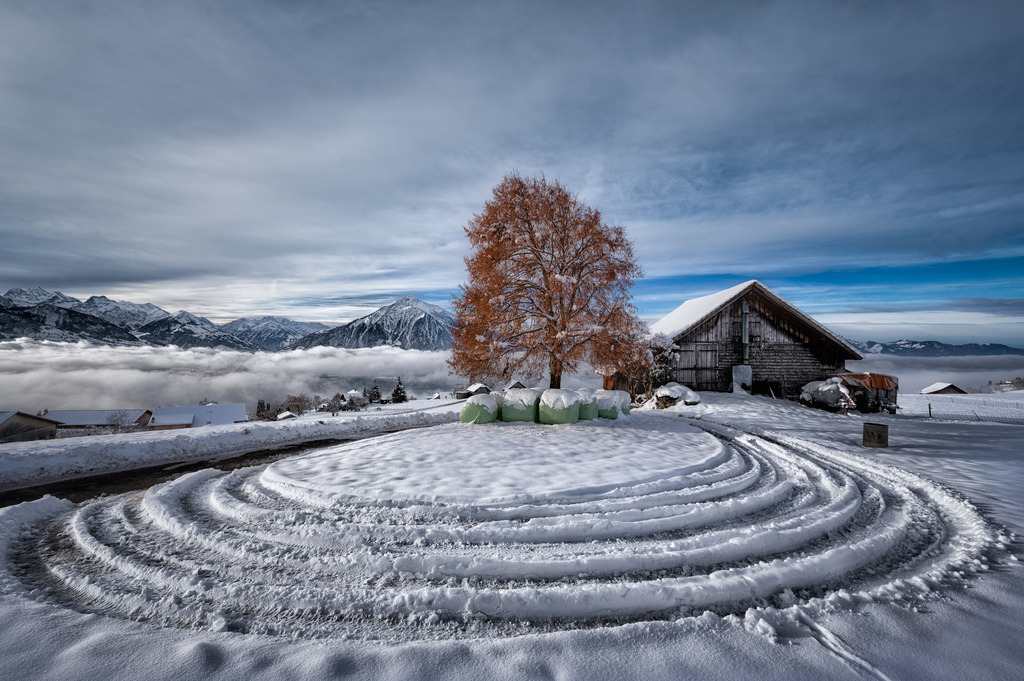 Circles | Ich war an diesem schönen Wintermorgen oberhalb von Sigriswil mit der Kamera unterwegs, um Fotos vom Neuschnee und dem Nebelmeer über dem Thunersee zu machen. Auf dem Rückweg kam ich zu dieser Stelle, wo vermutlich ein Bauer mit   Traktor und Anhänger Spuren in den Neuschnee gezogen hatte, was zusammen mit Niesen, Baum, Scheune und sogar den Siloballen (die ich sonst für eine ästhetische Zumutung halte) ein reizvolles Ensemble ergaben. 
-----------------------------------------------
On this beautiful winter morning I was out and about with the camera above Sigriswil to take photos of the fresh snow and the sea of fog over Lake Thun. On the way back I came to this point where probably a farmer with a tractor and trailer had  made tracks in the fresh snow, which together with the Niesen, tree, barn and even the silo bales (which I usually consider an aesthetic imposition) made an attractive ensemble .
-----------------------------------------------
Dieser Druck ist in einer limitierten Auflage von 5 Exemplaren erhältlich. 
This print is available in a limited edition of 5 copies. 
http://art.hess.photography/78-circles.html - Realisiert mit Pictrs.com