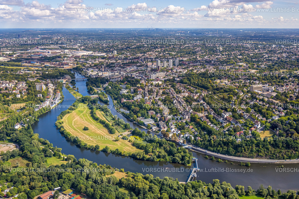 Muelheim220802122 | Luftbild, Ruhrinsel und Ruhrschleuse, Altstadt I - Südwest, Mülheim an der Ruhr, Ruhrgebiet, Nordrhein-Westfalen, Deutschland
