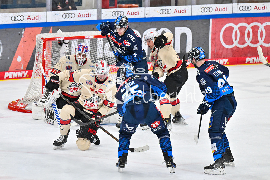 ERC Ingolstadt - Nuernberg Ice Tigers | Julius KARRER (Nuernberg Ice Tigers 6) blockt in dieser Szene einen Schuss von Alex BRETON (ERC Ingolstadt 75) / Torschuss / DEL: ERC Ingolstadt - Nuernberg Ice Tigers, Saturn Arena am 21.03.2025