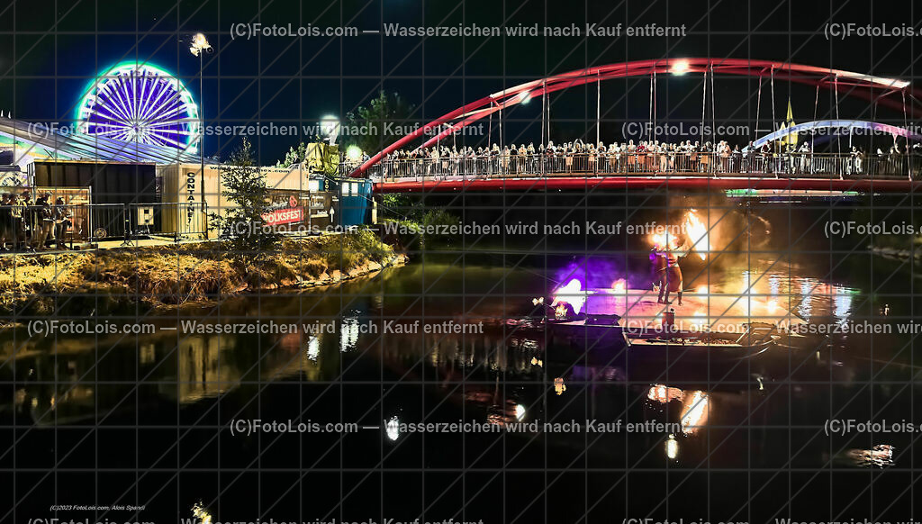 0546_Luftbild_VOLKSFEST-Wlbg_InselFeuer-Show | (C)FotoLois.com, Alois Spandl, Luftbild, Wieselburger VOLKSFEST neu, Feuershow auf der Erlaufinsel unter den Brücken, Do 29. Juni 2023.
