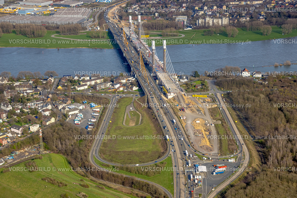 Duisburg230303177 | Luftbild, Baustelle mit Erweiterung der Autobahn A40 inklusive Ersatzneubau der Rheinbrücke Neuenkamp, Alt-Homberg, Duisburg, Ruhrgebiet, Nordrhein-Westfalen, Deutschland