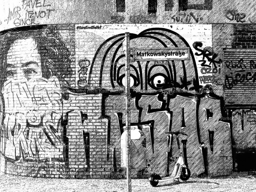 Berlin_Matkowskystrasse-grafitti | online Fotogalerie mit schwarz-weiß Fotografien und Shop für zeitlose  Poster und Leinwände in stilvollem schwarz weiß  - Realisiert mit Pictrs.com