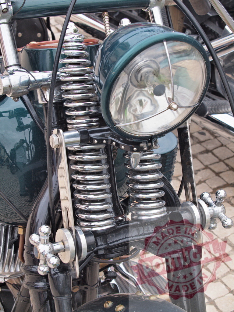 Close up of vintage motorcycle front suspension and headlight | Vintage motorcycle front view showing classic chrome suspension springs and headlight details - Realisiert mit Pictrs.com