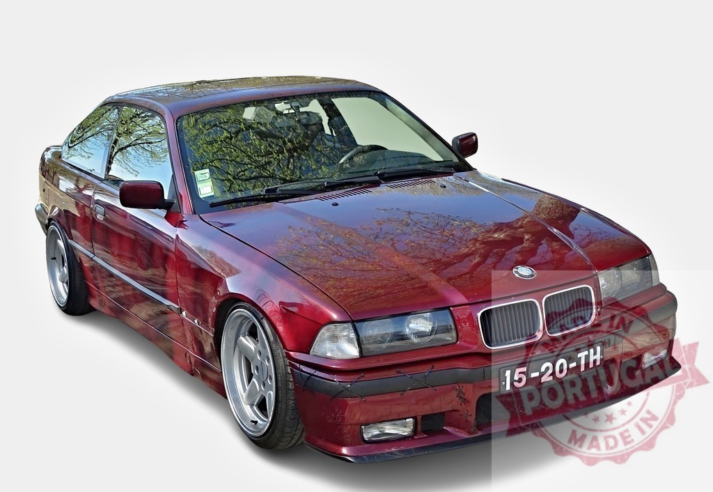 Burgundy BMW E36 coupe reflecting trees is parked on white background | Shiny burgundy BMW E36 coupe reflecting trees parked on plain white background - Realized with Pictrs.com